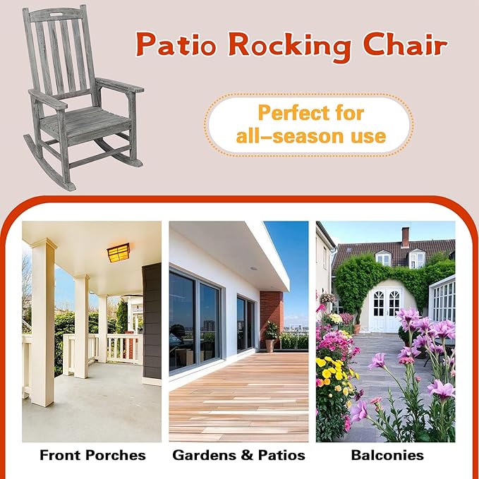 Wooden Rocking Chair Outdoor, Ergonomic High Back Patio Rocking Chairs, Porch Rocker for Backyard/Lawn/Patio/Garden/Balcony/FirePit/Indoor (Light Gray-1)