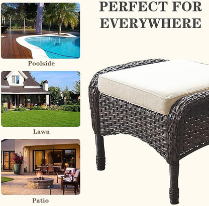 Belord Outdoor Ottomans for Patio Foot Rest - 25 Inch PE Wicker Foot Stool Set of 2 with Removable Cushions for Patio Furniture Sets,All Weather Rattan Ottoman for Balcony Backyard Brown