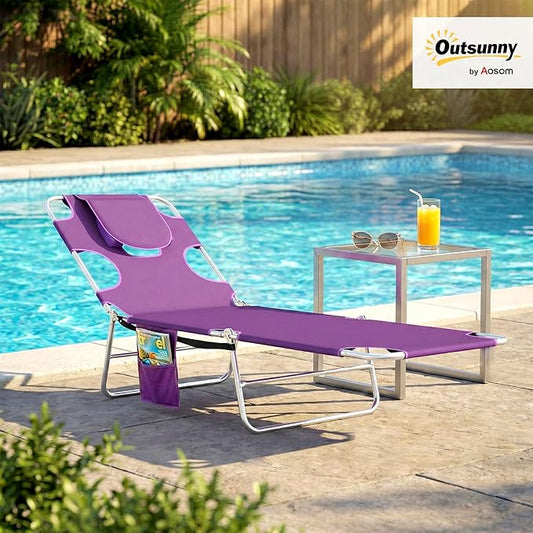 Outsunny Chaise Lounge Chair Outdoor with Face Arm Hole, 5-Position Reclining Face Down Tanning Chair with Carry Strap, Side Pocket, Portable Folding Bed Cot for Patio Beach Pool, Purple