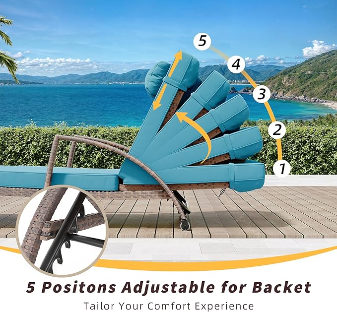 Outdoor Chaise Lounge Set of 2 Rattan Patio Folding Chaise Lounge Adjustable 5 Position Back Patio Pool Lounge Chair with Cushion Pillow for Poolside Backyard Deck Porch Peacock Blue