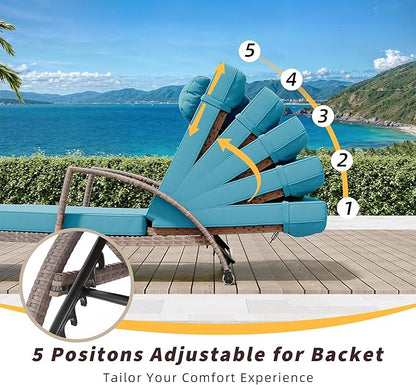 Outdoor Chaise Lounge Set of 2 Rattan Patio Folding Chaise Lounge Adjustable 5 Position Back Patio Pool Lounge Chair with Cushion Pillow for Poolside Backyard Deck Porch Peacock Blue