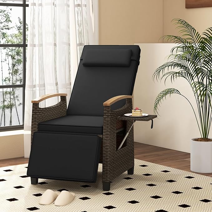 Tangkula Patio Wicker Recliner Chair, Rattan Lounge Chair w/Adjustable Backrest & Footrest, Flip Side Table - Photo 5