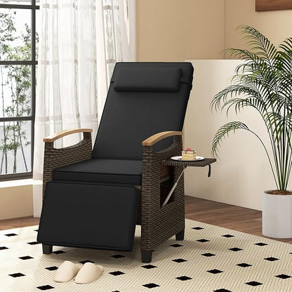 Tangkula Patio Wicker Recliner Chair, Rattan Lounge Chair w/Adjustable Backrest & Footrest, Flip Side Table, Push Back Reclining Seat w/Cushion for Backyard, Porch, Lawn (Black,1)