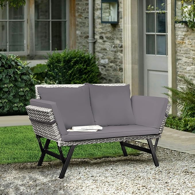 Greesum Outdoor Sofa, Woven Rattan Patio Furniture, Convertible Daybed or Double Chair with Adjustable Armrests - Photo 4