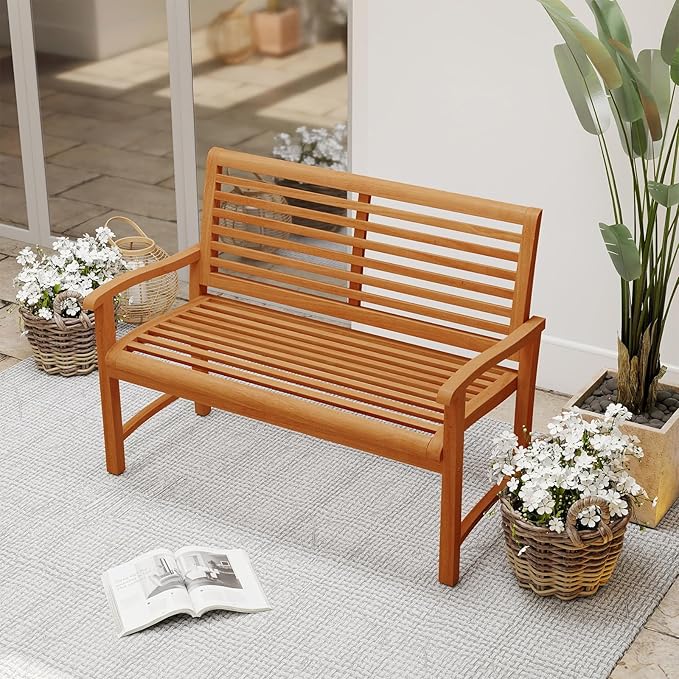 Tangkula Teak Wood Outdoor Bench with Backrest, Patio Garden Park Bench with Slatted Backrest & Seat, Curved Armrests, 800 lbs Capacity, 2-Person Outside Loveseat for Porch, Deck and Backyard