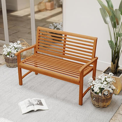 Tangkula Teak Wood Outdoor Bench with Backrest, Patio Garden Park Bench with Slatted Backrest & Seat, Curved Armrests, 800 lbs Capacity, 2-Person Outside Loveseat for Porch, Deck and Backyard
