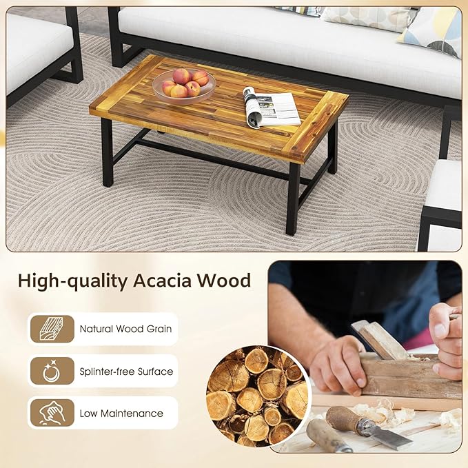 Tangkula Outdoor Acacia Wood Coffee Table, Rectangle Rustic Accent Table with Thickened Top & Heavy-Duty Metal Legs - Photo 5