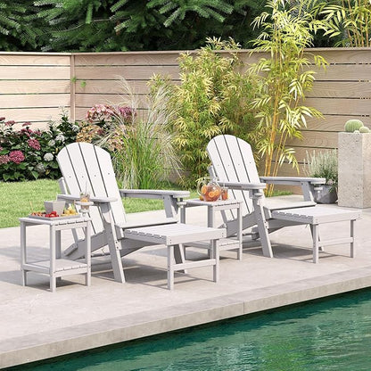 BRIOPAWS Adirondack-Chair-with-Pull-Out-Footrest | Folding | HDPE Plastic | Fire Pit Chairs | All Weather | Cup Holders | Curved Back | Retractable Ottoman | for Outdoor Deck Poolside | White