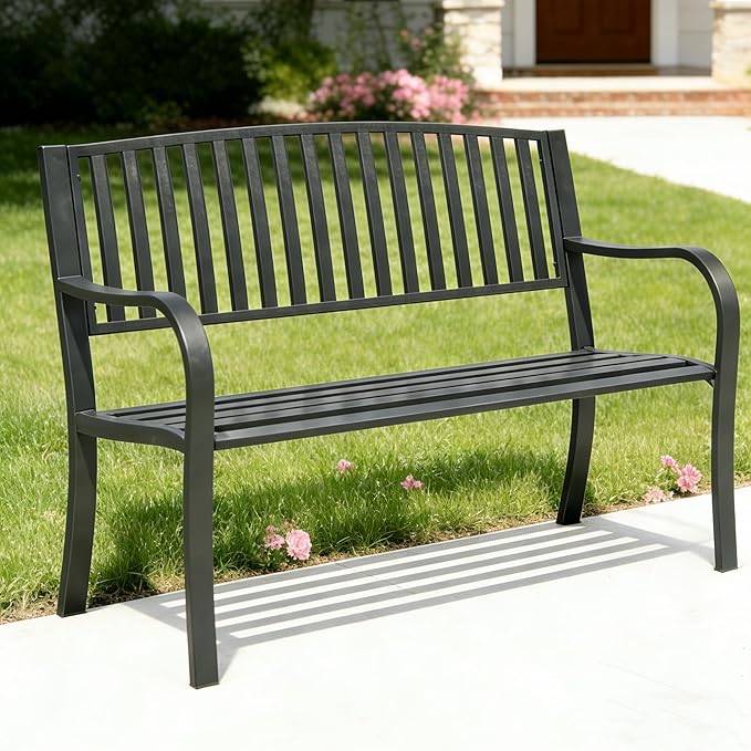 YLGJ&TIDY 50 Inches Garden Benches for Outdoor Patio Bench with Stripe Pattern Backrest Armrest Weatherproof Park Benches Metal Bench for Garden Park Porch Lawn Yard (BENCH08)