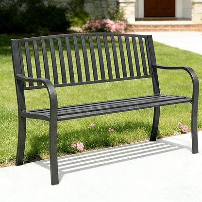 YLGJ&TIDY 50 Inches Garden Benches for Outdoor Patio Bench with Stripe Pattern Backrest Armrest Weatherproof Park Benches Metal Bench for Garden Park Porch Lawn Yard (BENCH08)