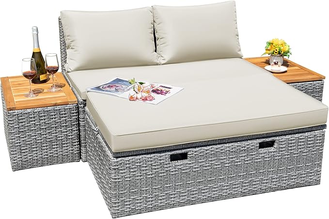 Greesum Patio Furniture Set Multifunctional Outdoor Sectional Sofa Rattan Chaise Lounge Wicker Daybed with Couch, Cushions, Storage Ottoman and 2 Side Tables for Backyard Porch Poolside Lawn, White