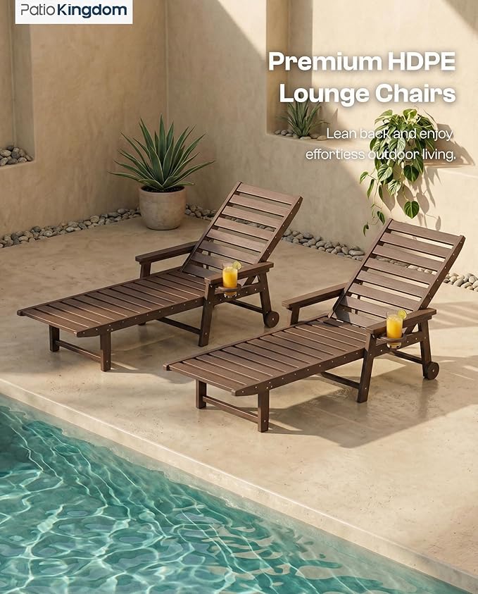 5-Position Adjustable Lounge Chair Outdoor Set of 6, HDPE Outdoor Chaise Lounge with Cup Holder & Wheels, Pool Lounge Chairs for Poolside, Beach, Deck, Brown