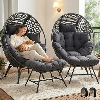 NICESOUL® 2 Person Wicker Stationary Egg Chair Indoor Outdoor Egg Basket Lounge Chair Oversized Egg Seat with Legs 440lbs Egg Nest Chair with Ottoman, 4 Pieces Boho Chair with Cover Gray