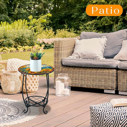 Outdoor Side Table Round Small Mosaic Patio Accent Indoor End Plant Coffee Tea Table for Yard Patio Porch Garden Living Room, Bedroom(Sunflower Style,12 Inch)