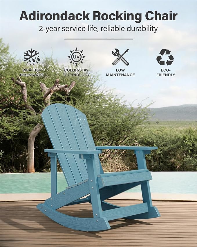 YEFU Outdoor Rocking Chair Set of 4,Adirondack Rocking Chair,Patio Rocker Chair with Wide Back,Oversized Rocker Chair Look Like Real Wood, for Lawn, Porch, Backyard, Indoor and Garden(Blue)
