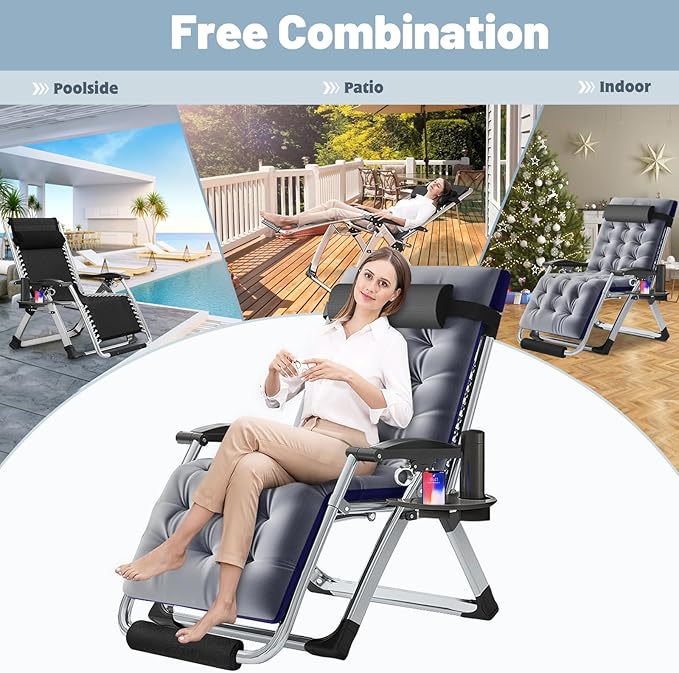 Slsy Zero Gravity Chair Oversized XL, Reclining Lounge Chair with Removable Cushion & Tray for Indoor and Outdoor, Patio Recliner Folding Reclining Chair