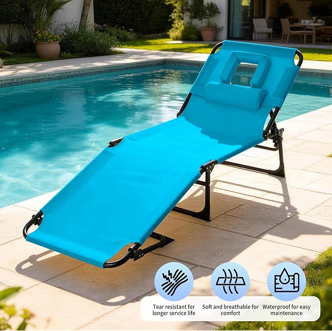 Tanning Chair with Face Hole Folding Beach Lounge Chair,5-Position Adjustable Backrest, Pillow & Side Pocket,Portable Face Down Chaise Lounge for Outdoor Backyard Poolside,Beach, Patio,Blue