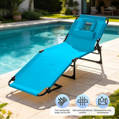 Tanning Chair with Face Hole Folding Beach Lounge Chair,5-Position Adjustable Backrest, Pillow & Side Pocket,Portable Face Down Chaise Lounge for Outdoor Backyard Poolside,Beach, Patio,Blue