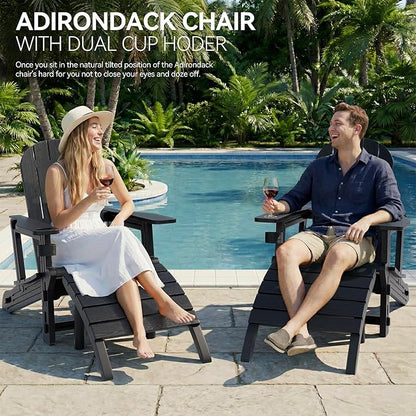 Vongrasig Adirondack Chairs Set of 2 with Removable Tabletop and Footrest, All-Weather HDPE Outdoor Chair Set with Wooden Textured, Cup Holder for Patio, Poolside, Deck, Garden, Black