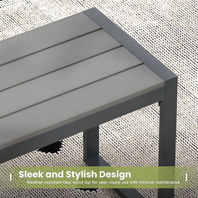 53" Outdoor Bench, 2 Pieces Patio Backless Garden Bench with Metal Frame & Faux Wood Seat for Porch, Entryway, Lawn, Backyard, Grey