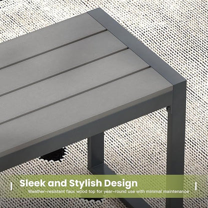 53" Outdoor Bench, 2 Pieces Patio Backless Garden Bench with Metal Frame & Faux Wood Seat for Porch, Entryway, Lawn, Backyard, Grey