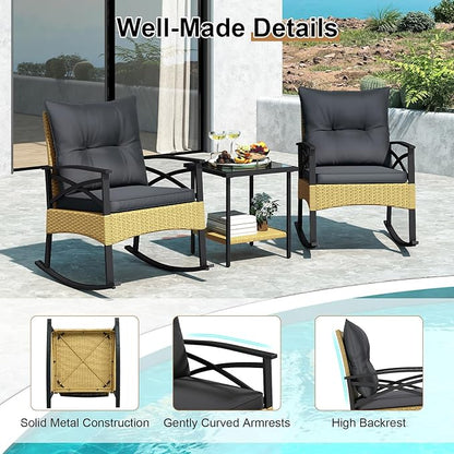 Tangkula 3 Pieces Outdoor Rocking Chairs Set, Rattan Heavy Duty Cushioned Rocker Chairs with 2-Tier Tempered Glass Coffee Table, for Garden, Balcony, Backyard (Yellow+Gray)