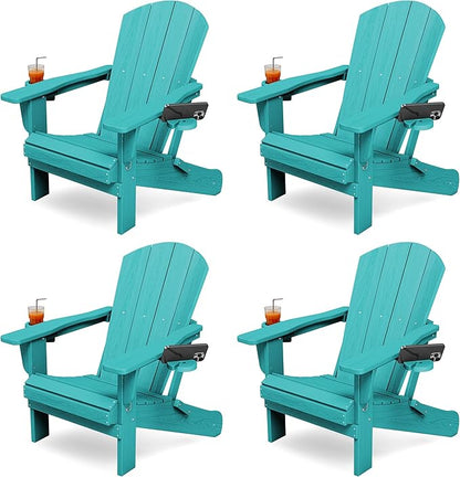 KINGYES Folding Adirondack Chair Set of 4, Dual Cup Holders & All-Weather HDPE, Wood-Like Patio Chair for Backyard, Camping, Pool & Fire Pit, Aruba
