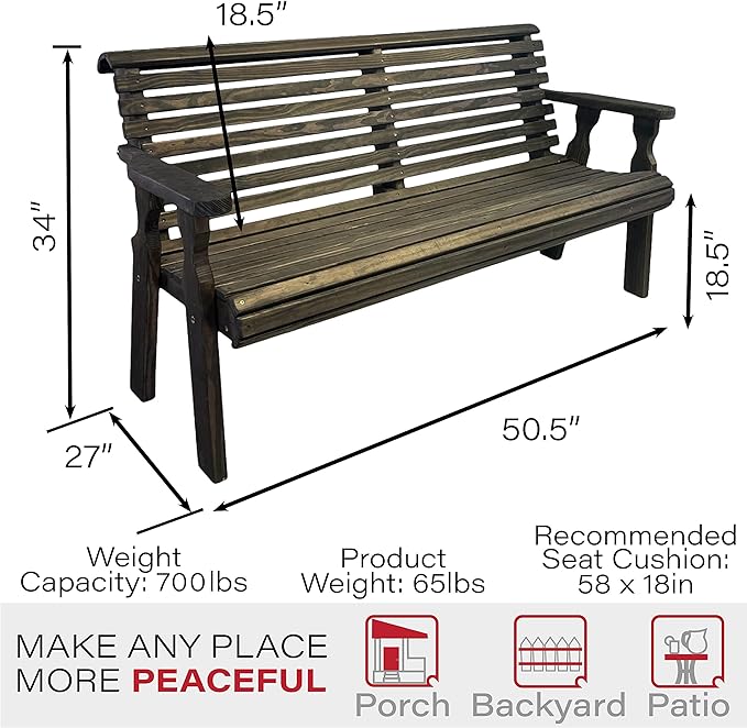 Amish Casual Heavy Duty 4 Foot Roll Back Outdoor Bench in Dark Walnut Stain - Amish Made in The USA from Treated Pine for Outdoor Durability, 700 Lb Weight Capacity