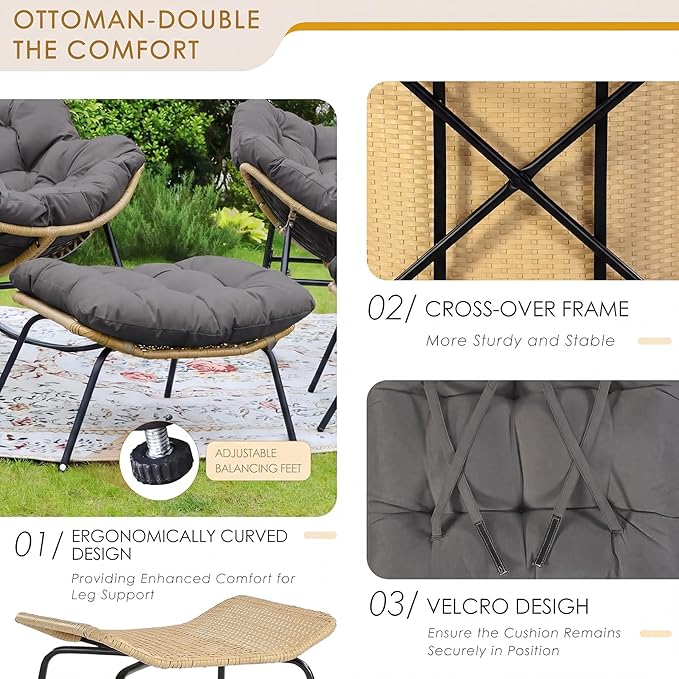 NICESOUL Outdoor Rocking Papasan Chair Set of 2 with Cushions, Comfy Oversized Padded Rockers - Photo 8