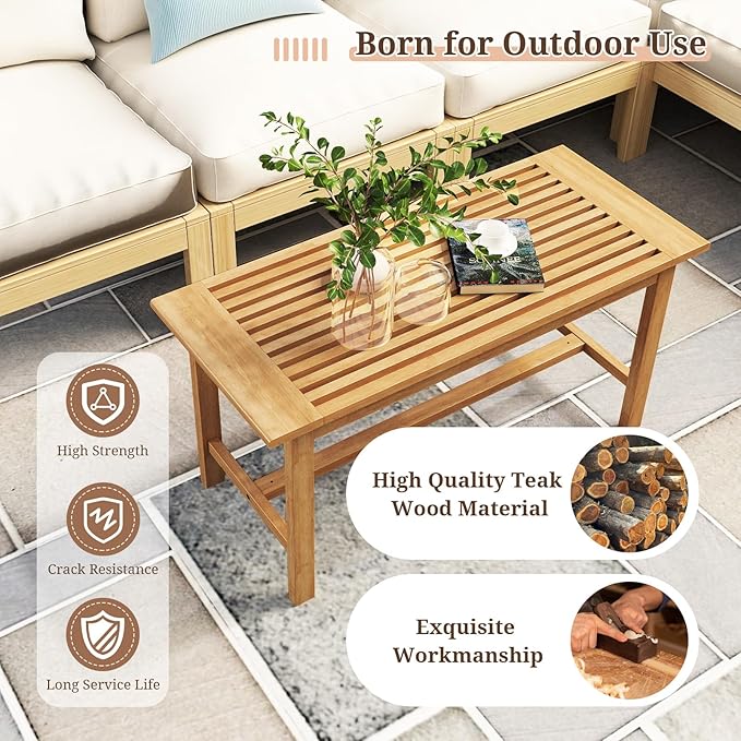 Giantex Teak Wood Patio Coffee Table - 36” Rectangular Outside Side Table with Slatted Tabletop, Solid Center Table, Outdoor Cocktail Table for Deck, Backyard, Garden, Poolside, Balcony, Natural