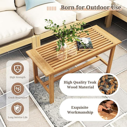 Giantex Teak Wood Patio Coffee Table - 36” Rectangular Outside Side Table with Slatted Tabletop, Solid Center Table, Outdoor Cocktail Table for Deck, Backyard, Garden, Poolside, Balcony, Natural