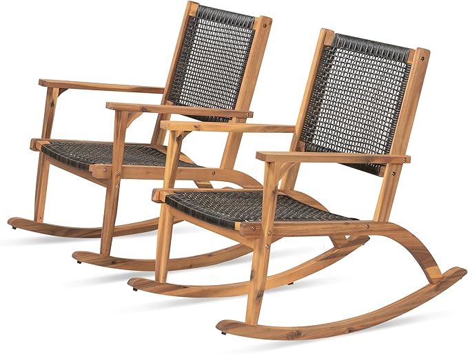 2 Piece Patio Rocking Chair Set, Acacia Wood Outdoor Rockers with PE Rattan Seat and Backrest, Comfortable Garden Porch Chairs for Backyard, Balcony and Poolside, Dark Brown