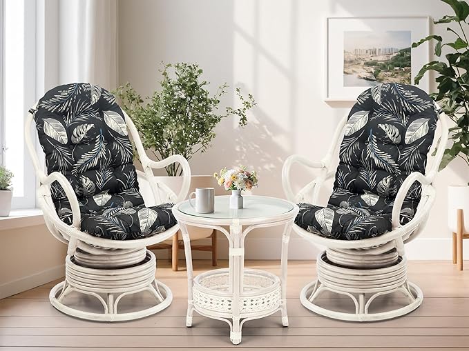 Wickerix Java Lounge Swivel Rocking Chair with Red Cushion Natural Rattan Wicker Handmade, White Color
