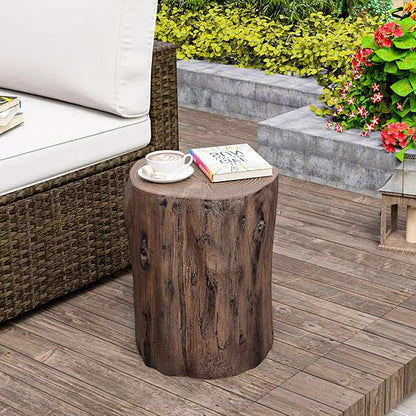 HOMPUS Concrete Outdoor Side Table,Tree Stump Modern Round Accent Table,Plant Stand Faux Wood End Garden Stool for Patio,Home Decor, Living Room(Walnut)