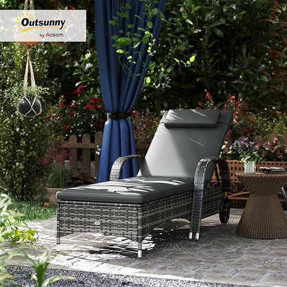 Outsunny Wicker Outdoor Chaise Lounge, 5-Level Adjustable Backrest PE Rattan Pool Lounge Chair with Wheels, Cushion & Headrest, Mixed Gray and Gray