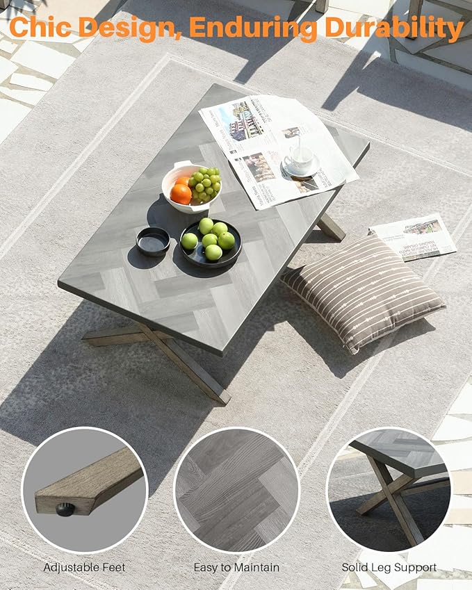 Aluminum Outdoor Coffee Table, All-Weather Rectangle Patio Coffee Table with Resin Tabletop, Modern Aluminum Outdoor Furniture Table for Patio, Poolside, Garden, Balcony, Limed Oak