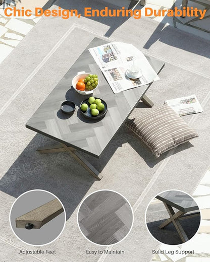 Aluminum Outdoor Coffee Table, All-Weather Rectangle Patio Coffee Table with Resin Tabletop, Modern Aluminum Outdoor Furniture Table for Patio, Poolside, Garden, Balcony, Limed Oak