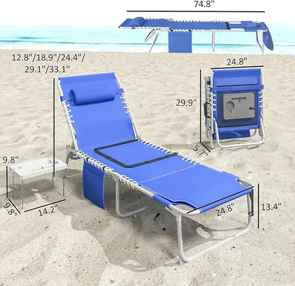 Outsunny Tanning Chair Set of 2 with Face Hole, Side Table, 5-Position Reclining Folding Chaise Lounge Chair Outdoor Lounger Recliner, Carry Straps for Beach Pool Camp, Breathable Mesh, Navy Blue