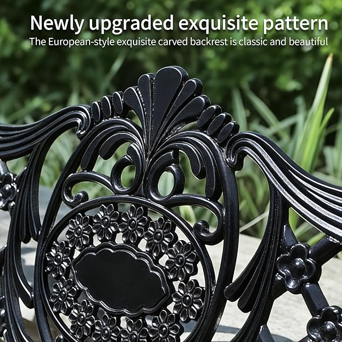 51" Outdoor Bench Garden Bench Cast Aluminum Bench with Floral Back Metal Front Porch Benches for Yard Patio Entryway Park (Matte Black)