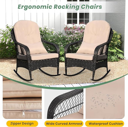 LVUYOYO Outdoor Wicker Rocking Chair of 2, Patio Rattan Rocker Chair with Cushions, Rocking Wicker Furniture Set for Deck, Porch, Garden, Backyard (Khaki)