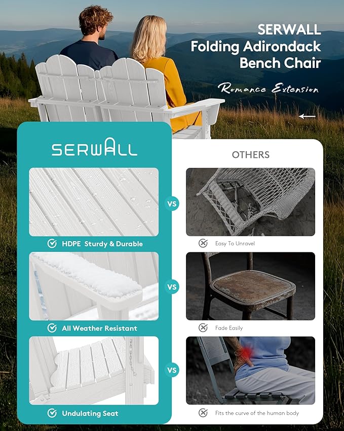 SERWALL Folding Adirondack Bench Set of 2, HDPE All-Weather 2-Person Adirondack Loveseat Bench, White - Photo 5