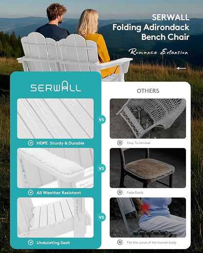 SERWALL Folding Adirondack Bench, HDPE All-Weather Adirondack Loveseat, 660 lbs Capacity, Foldable Outdoor Patio Bench for Deck, Lawn, Garden, White