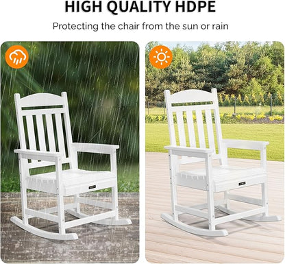 VINGLI Outdoor Rocking Chair Set of 2, HDPE Rocking Chair with Higher Backrest, All Weather Rocker for Garden, Yard, Balcony, White