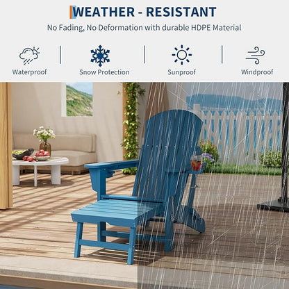 Garvee Folding Adirondack Chairs with Two Cup Holders. HDPE All Weather Outdoor Adirondacks Rocking Chair with Retractable Ottoman, Outdoor Adirondack Chair for Patio, Outside, Deck, Backyard-Blue