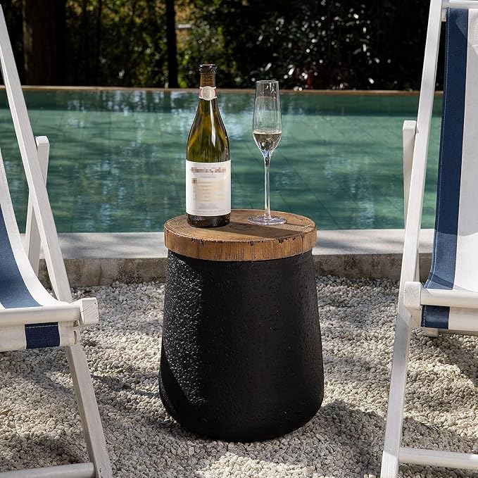 COSIEST Drum End Table Cylinder Shaped Concrete Side Table Faux-Wood Top, Black Outdoor Accent Table with Tree Trunk Slice Hand Painted, Accent Stool