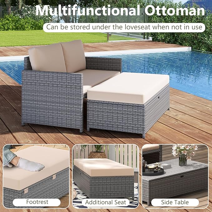 Tangkula Outdoor Rattan Daybed, Wicker Loveseat & 31 Gallon Storage Ottoman w/Soft Cushions - Photo 8