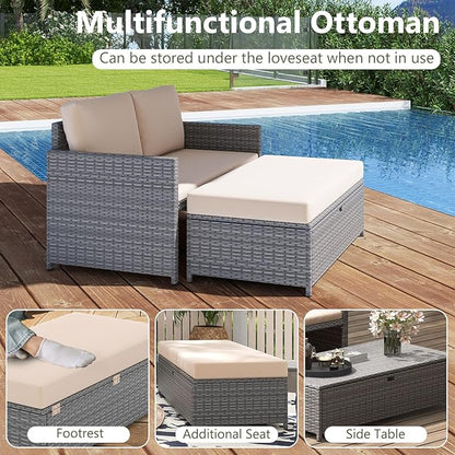 Tangkula Outdoor Rattan Daybed, Wicker Loveseat & 31 Gallon Storage Ottoman w/Soft Cushions, Space-Saving 2-Person Sun Lounger Daybed for Backyard, Porch (Beige)