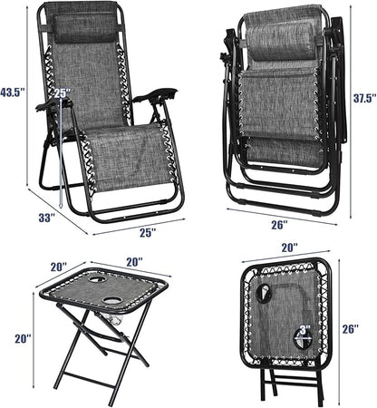 S AFSTAR Zero Gravity Chairs Set of 2, 3 PCS Folding Zero Gravity Lawn Chair Set with Side Table Cup Holders & Adjustable Headrest, Reclining Patio Chairs, Zero Gravity Lounger for Patio Poolside