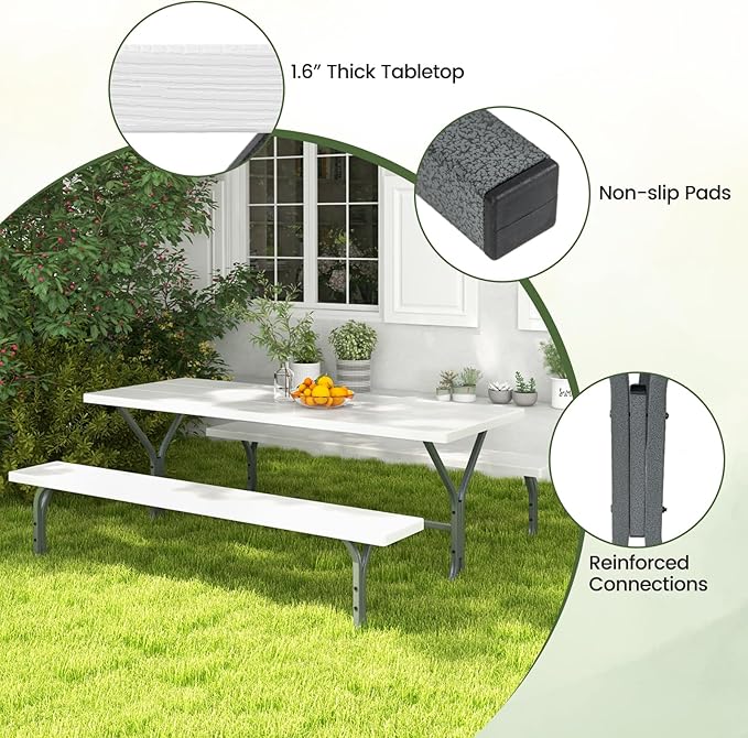 Giantex Picnic Table 6FT for 8 Person, Outdoor Table Set w/ 2 Benches, All-Weather HDPE Rectangular Tabletop - Photo 9
