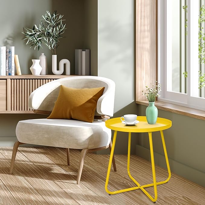 CODIN Set of 2 Outdoor Side Table Outdoor, Metal Side Table Small Round Side Table Weather Resistant End Table Patio Table for Garden Porch Balcony Yard Lawn (2, Yellow)